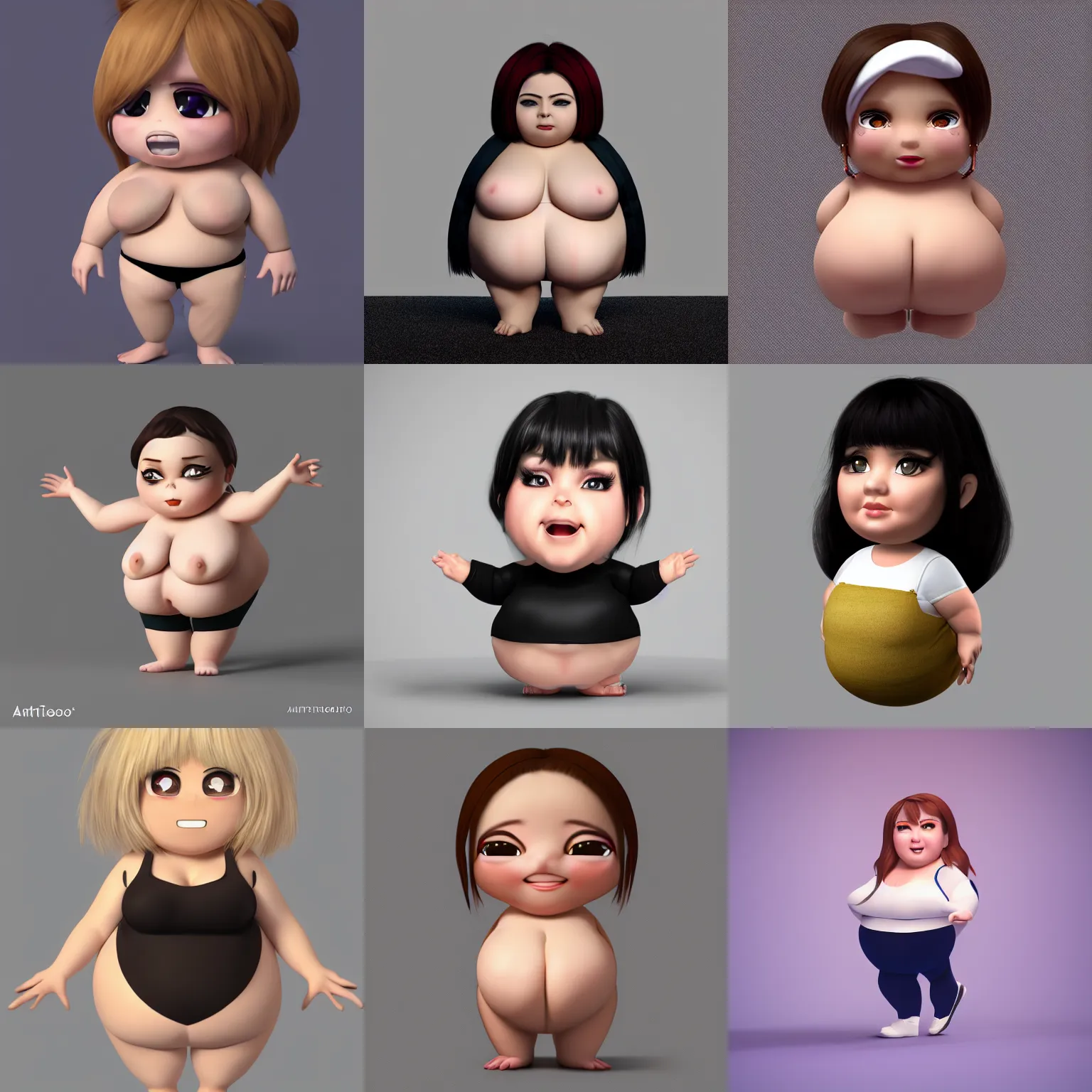 Prompt: A render of chibi fat woman, studio lighting, white background, blender, trending on artstation, 8k, highly detailed