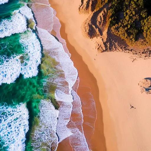 Image similar to aerial drone photograph of a beautiful beach in western Australia, red!! sand, golden hour, high quality, award winning, Canon EOS R3, f/1.4, ISO 200, 1/160s, 8K, RAW, unedited, symmetrical balance, in-frame