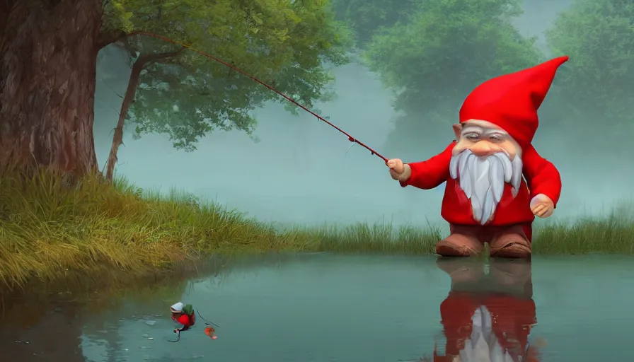 Image similar to Gnome with a red cap fishing in a lake surrounded by huge trees in the morning, hyperdetailed, artstation, cgsociety, 8k