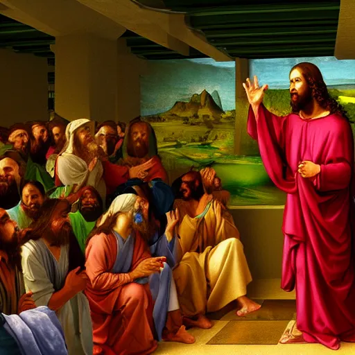 Image similar to portrait of jesus christ preaching at shopping mall photorealistic ultra-realistic in the colourful style of leonardo da vinci artstation hd oil painting Renaissance painting