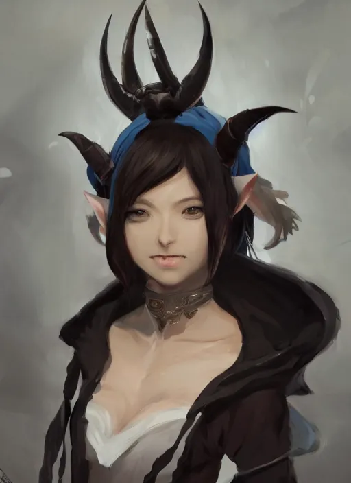 Image similar to concept art painting of a feminine person with brown skin and short white hair, demon horns, elf ears, full clothing, black clothes, blue robes, detailed, cel shaded, in the style of ruan jia and artgerm and makoto shinkai and james gurney