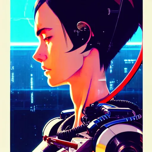 Image similar to side portrait scifi cyborg girl with robotic parts and spacesuit | | head only in center of image, audrey plaza, fine detail!! anime!! realistic shaded lighting!! poster by ilya kuvshinov katsuhiro otomo ghost - in - the - shell, magali villeneuve, artgerm, jeremy lipkin and michael garmash and rob rey