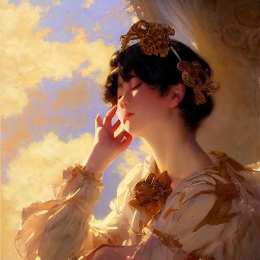 Prompt: a high fashion studio portrait of am cute anime girl, closed eyes, stunning light, painting by gaston bussiere, craig mullins, j. c. leyendecker