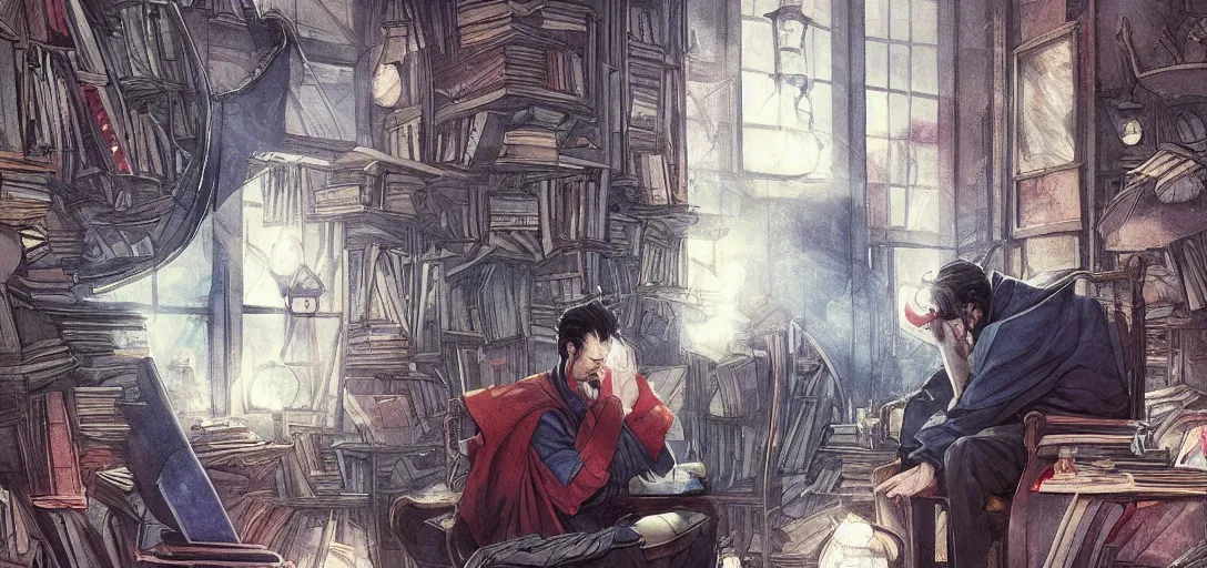 Prompt: a sad dr strange sitting alone in his room in a large chair, books messy about the room, sad, somber, by Stanley Artgerm Lau, WLOP, Rossdraws, James Jean, Andrei Riabovitchev, Marc Simonetti, krenz cushart