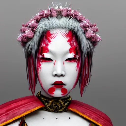 Prompt: albino maiko ornated armor war paint in the woods, detailed, smokey background, jewelry, sakura,photograph, award wining, red and white, trending on artstation, 50mm, punk attitude, 4k, unreal engine 5, octane render, neon highlights