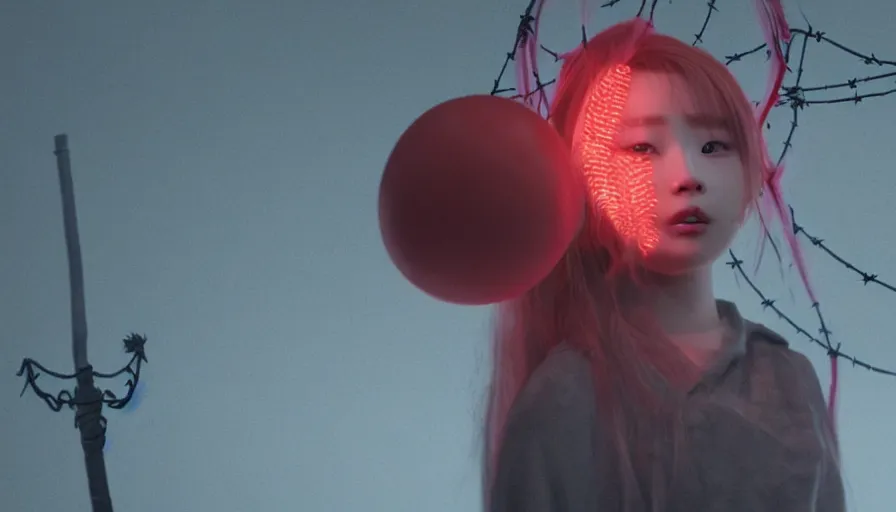 Prompt: intricate screenshot of Chuu from LOONA as a dark souls boss. Red fog. Menacing, holding a baseball covered in barbed wire. Octane render, horror