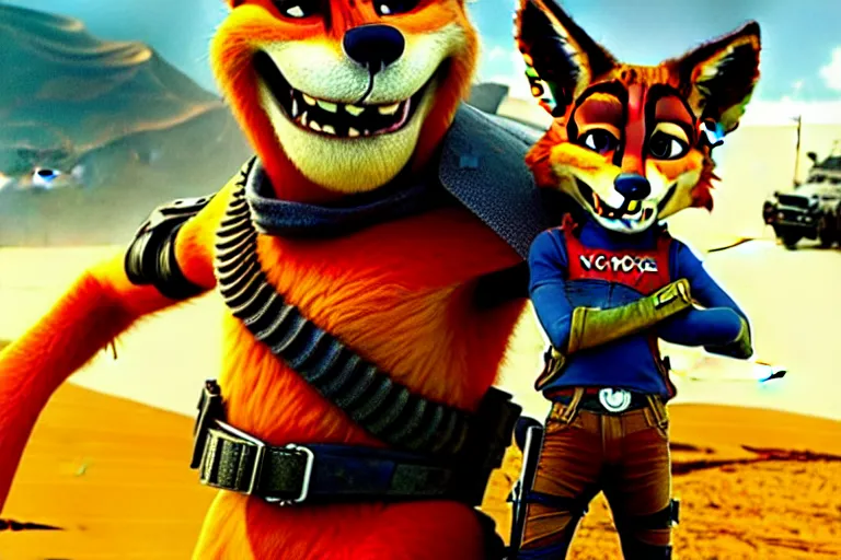 Image similar to nick wilde, heavily armed and armored facing down armageddon in a dark and gritty reboot from the makers of mad max : fury road : witness me