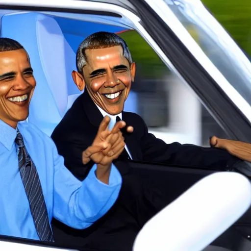 Prompt: obama driving lightning mc queen from disney