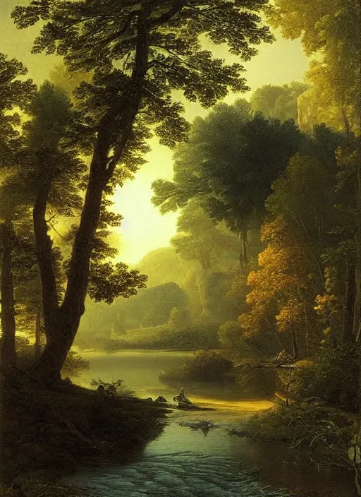 Prompt: the morning river, light shafts, stunning atmosphere, nature art by asher brown durand