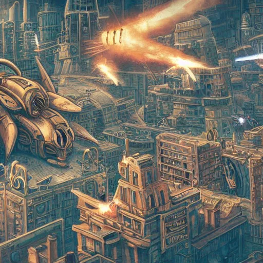 Image similar to a giant steampunk justin sun attacking a city, defense cannons can be seen trying to shoot it down, studio ghibli, anime, extremely detailed, intense, cinematic drone shot, cinematic lighting,