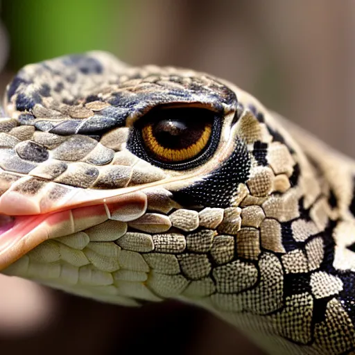 Image similar to rattlesnake morphed with a falcon, half rattlesnake half falcon, picture taken in a zoo