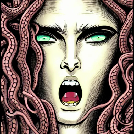 Image similar to rounded frame of head of medusa from greek mythology wearing snakes in place of hair, in berserk manga, angelina jolie face smiling seductive expression, big snakes heads with open mouth, manga drawing, by kentaro miura