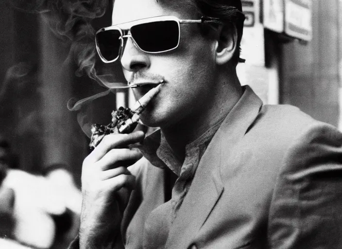 Prompt: color photo. handsome man wearing aviator glasses and smoking a cigarr in the 8 0's. wall street