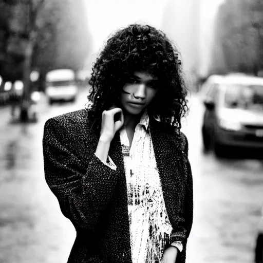 Prompt: black and white fashion photograph, highly detailed portrait of a depressed Zendaya as a drug dealer on a busy Paris street, detailed face looking into camera, eye contact, natural light, rain, mist, lomo, fashion photography, film grain, soft vignette, sigma 85mm f/1.4 1/10 sec shutter, Daren Aronofsky film still promotional image, IMAX 70mm footage