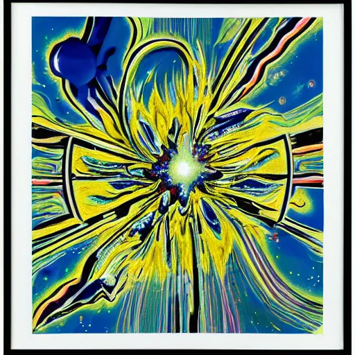 Image similar to alien blooming hovering galaxy fractal fossa dust chrome photon , by Jackson Pollock and Georgia O'Keeffe and Roy Lichtenstein , pop art , chiaroscuro , tiki