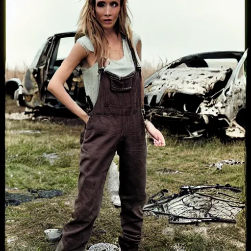 Image similar to a skinny female high-fantasy elf with a long face narrow chin and short spiky blonde hair wearing dark brown overalls and holding a bomb next to a destroyed car, gel spiked blond hair, narrow lips, high resolution film still, HDR color, photograph by Mario Testino