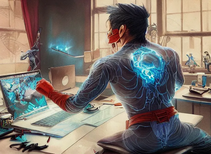 Image similar to an insanely detailed painting of an asian man wearing a homemade superhero costume, sitting at a desk, staring seriously at the computer and typing, in the style of peter mohrbacher, james jean, artgerm, dramatic lighting and composition, surreal background, octane render, pixar, trending on artstation, concept art, comic book, view from behind, 8 k