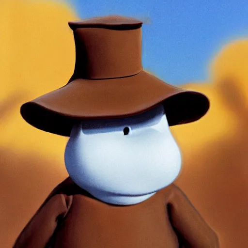 Prompt: moomin wearing a brown hat, classic cartoon, high res