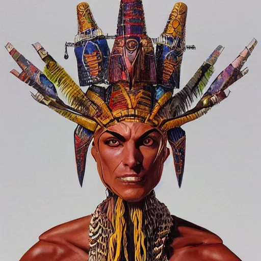 Image similar to seductive, clothed science fiction mutant byzantine noble with long neck and elaborate aztec headdress, by boris vallejo and greg rutkowski