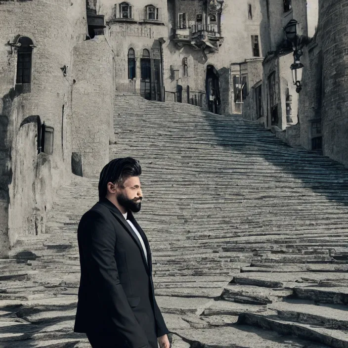 Image similar to cinematic movie, background is castle and steps, with a man wearing a silver melt mask, silver wavy long hair, black suit, 4 k