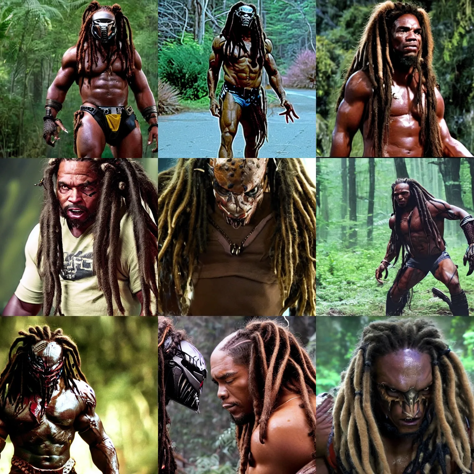 Prompt: movie still of woolie madden as the predator with dreadlocks