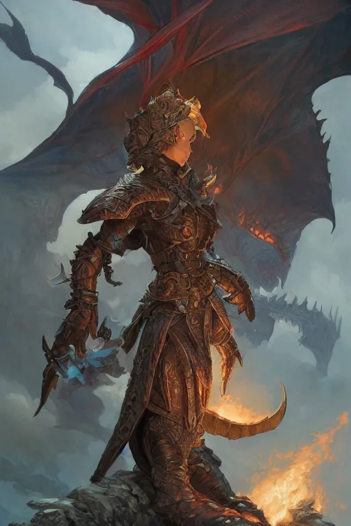 Image similar to warrior, wearing a dark armor, fighting a dragon, village in flames in the back, intricate, elegant, highly detailed, digital painting, artstation, concept art, smooth, sharp focus, illustration, art by artgerm and greg rutkowski and alphonse mucha and andrei riabovitchev