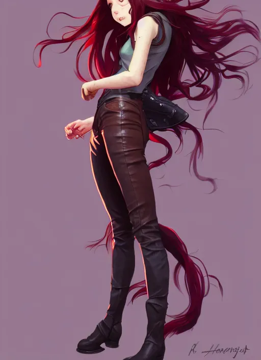 Image similar to pretty young woman with shoulder length shiny shimmering dark red hair and wearing worn leather jacket, concept art, t - pose, full body, path traced, highly detailed, high quality, digital painting, by studio ghibli and alphonse mucha, leesha hannigan, makoto shinkai, arcane