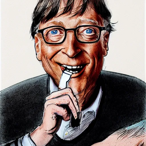 Image similar to bill gates holding a vaccine in his hand, Body horror, by Ralph Steadman