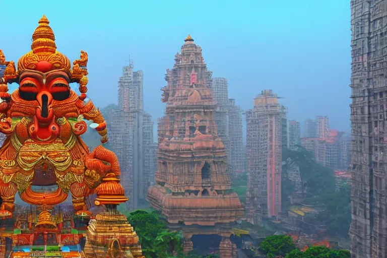 Image similar to high quality 3 d dreamscape! mumbai with biomorphic hanuman head building, kalighat highly detailed, cinematic smooth, stephen shore & john j. park, soft morning light, wide shot, high angle, uhd 8 k, deep focus