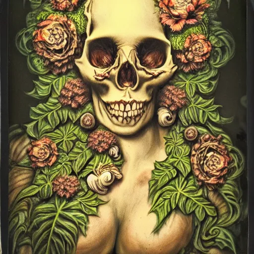 Image similar to a beautiful detailed front view rococo portrait of a rotten woman corpse becoming almost a skull with fractal plants and fractal flowers and mushrooms growing around, intricate, ornate, volumetric light, beautiful lit, polaroid photography, the northman