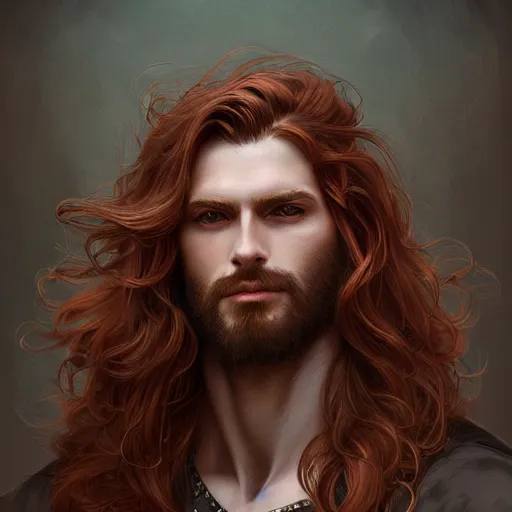 Prompt: portrait of a man - wolf, male, handsome, masculine, full body, red hair, long hair, soft hair, fantasy, intricate, elegant, highly detailed, suit, coffee shop, digital painting, artstation, concept art, character art, smooth, sharp focus, illustration, art by artgerm and greg rutkowski and alphonse mucha