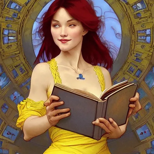 Image similar to a smiling beautiful woman with short red hair wearing a yellow dress and reading a book, blue eyes, masterpiece, intricate, elegant, highly detailed, digital painting, artstation, concept art, smooth, sharp focus, illustration, art by artgerm and greg rutkowski and alphonse mucha and uang guangjian and gil elvgren and sachin teng, symmetry!!