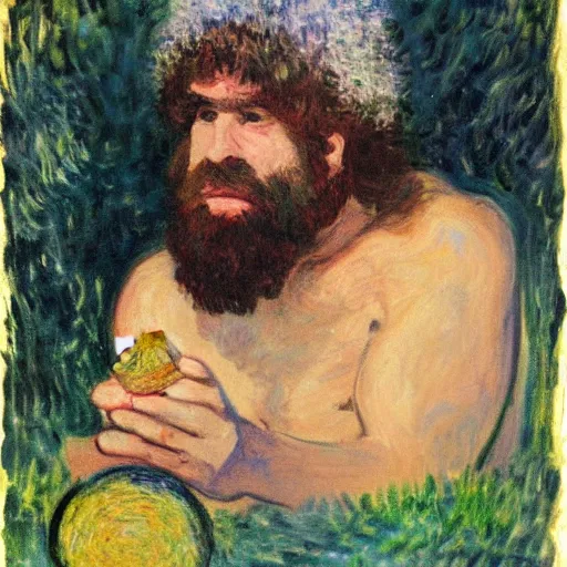 Image similar to caveman with a tinfoil hat, divination ball, portrait by monet