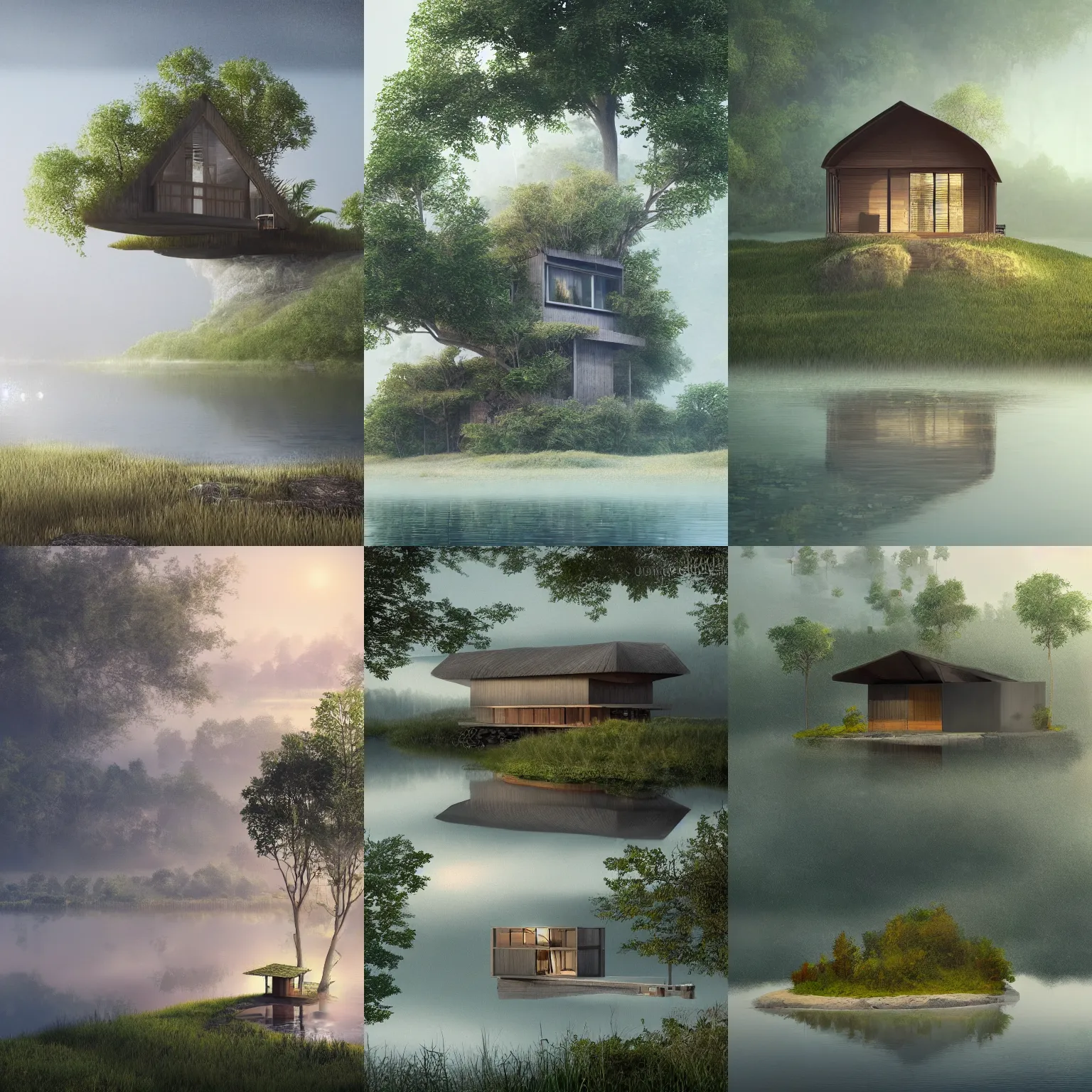 Prompt: solitary eco building on an island in the middle of the lake, misty, trending on art station, soft light, detailed and intricate environment