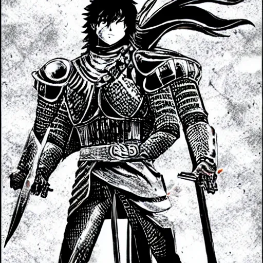 Prompt: rocking star yash as a knight in the style of berserk, by kentaro miura