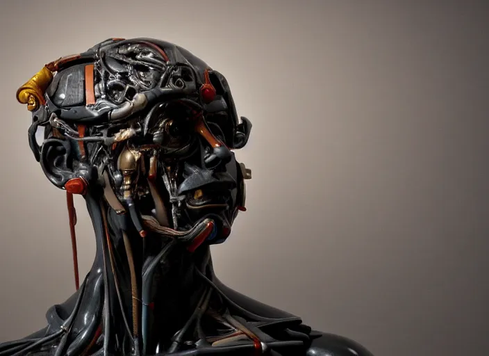 Image similar to a bust sculpture of anatomical cyborg, ceramic base, studio lighting