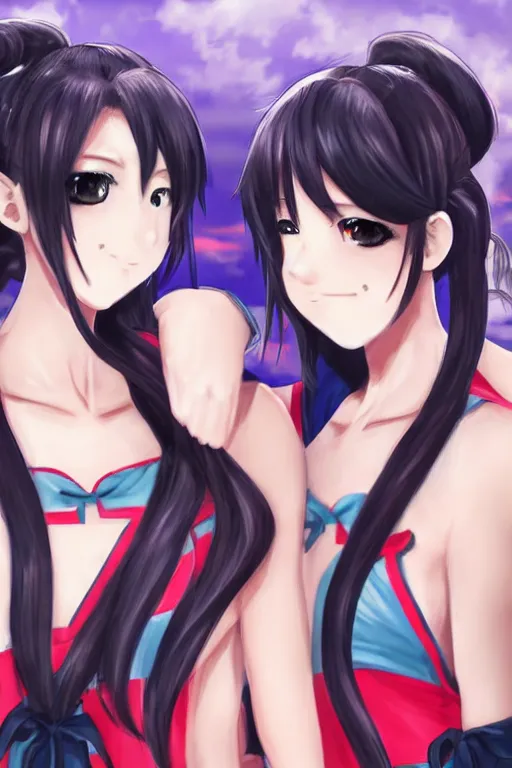 Image similar to two beautiful female fighters with pigtails facing each other, detailed anime art