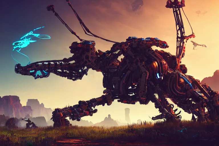 Image similar to longleg machine mecanical creature robot of horizon forbidden west horizon zero dawn bioluminiscence global illumination ray tracing hdr fanart arstation by ian pesty and alena aenami artworks in 4 k