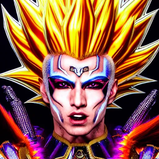 Image similar to uhd photorealistic detailed image of max current, the rock and roll emperor, dressed as super saiyan emperor, powering up, wearing extremely intricate hair metal costume and makeup, by ayami kojima, amano, and karol bak