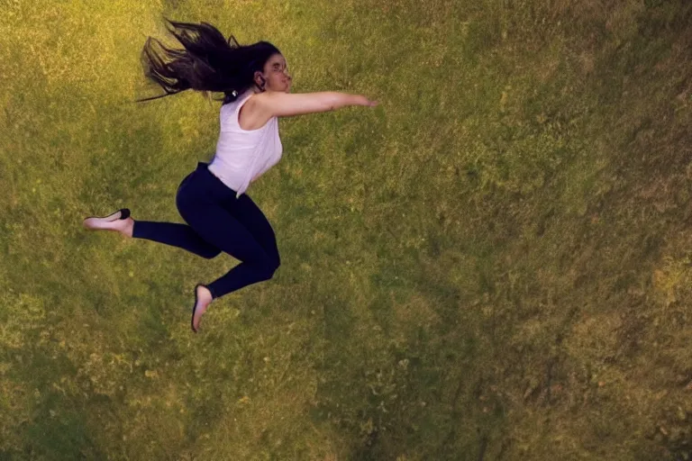 Prompt: photo of beautiful young woman that can fly hovering a few feet off the ground by Emmanuel Lubezki