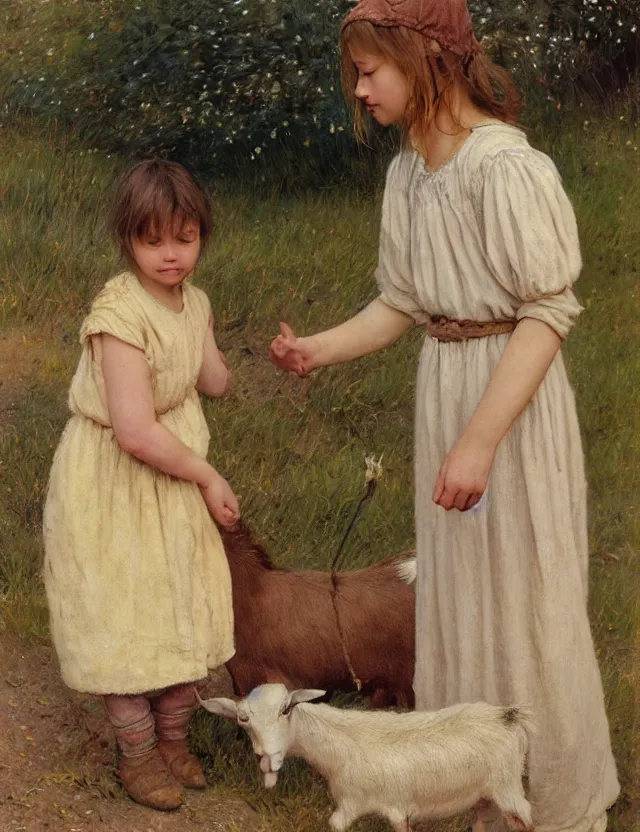 Image similar to portrait of little peasant girl petting a goat, cottage core, polaroid photo bleached vintage pastel colors high - key lighting, soft lights, foggy, by steve hanks, by lisa yuskavage, by serov valentin, by tarkovsky, 8 k render, detailed, oil on canvas
