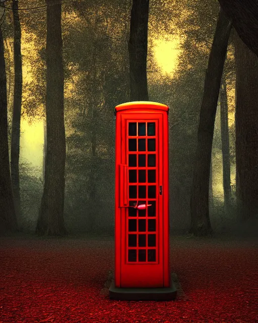 Image similar to american phone booth with antenna in the woods, hyper realism, cinematic, volumetric lighting, octane render, unreal engine, 8 k, concept art, digital art, deviantart artstation,