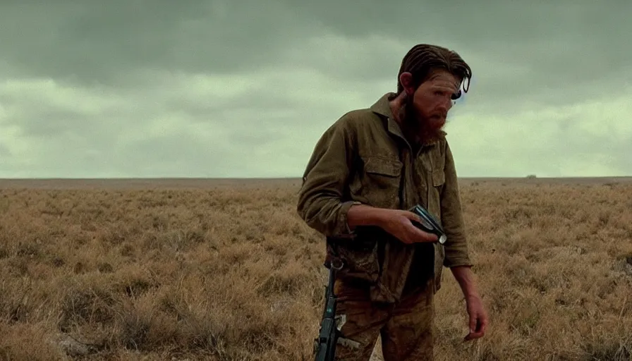 Image similar to lone survivor man holding a radio!! in post - apocalyptic nature landscape. movie screenshot. lush composition by wes anderson, shallow depth of field, cinematic. cinematic composition