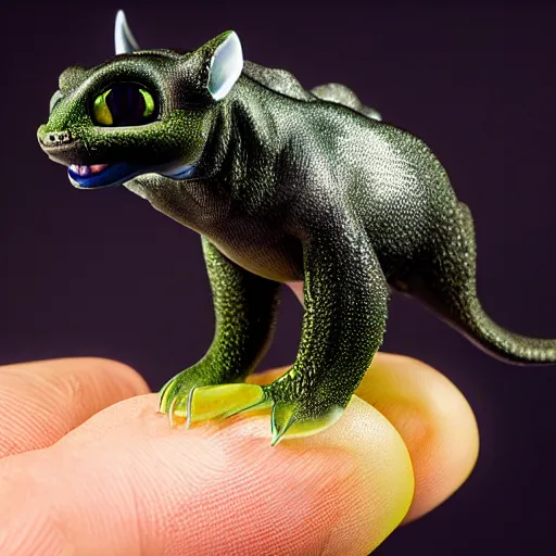 Image similar to realistic miniature of bioluminescent toothless on a studio shot, 1 0 0 mm, hyper realism, detailed, high definition, smooth, sharp focus