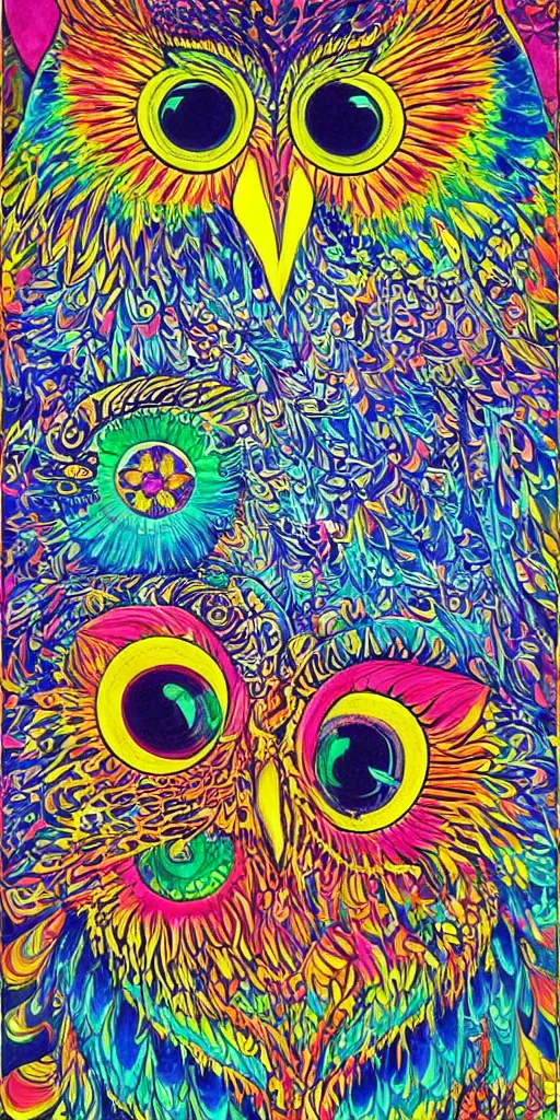 Image similar to 70’s psychedelic poster owl Louis Wain colorful dichroic