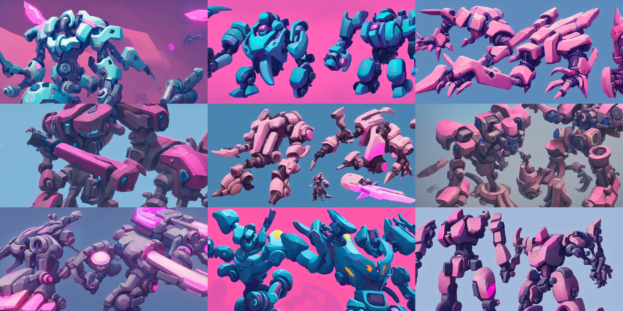 Prompt: game asset of complex shape and forms from mech parts, in gouache detailed paintings, props, stylized, 2 d sprites, kitbash, arcane, overwatch, blue and pink color scheme, 8 k, close up