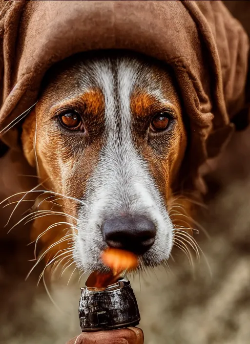 Image similar to closeup portrait of a hunting terrier smoking a cigare, depth of field, zeiss lens, detailed, centered, by Annie Leibovitz and Steve McCurry, David Lazar, Jimmy Nelsson, Breathtaking, 8k resolution, extremely detailed, beautiful, establishing shot, artistic, hyperrealistic, beautiful face, octane render