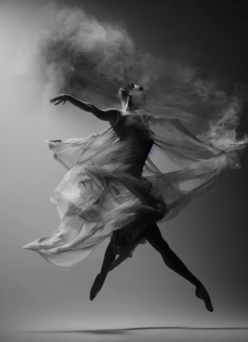 Image similar to a Photorealistic dramatic hyperrealistic render of a glamorous beautiful Female smoke dancer by Ken Brower and Deborah Ory of NYC Dance project,Lois Greenfield,Flowing cloth and smoke,Beautiful dynamic dramatic dark moody lighting,volumetric,shadows,cinematic atmosphere,Octane render,8K