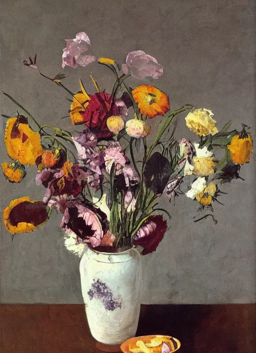 Image similar to a surreal painting of a breakfast still life, vase of flowers, by George Baselitz, symbolist, soft colors, dramatic lighting, smooth, sharp focus, extremely detailed, textured, aesthetically pleasing composition