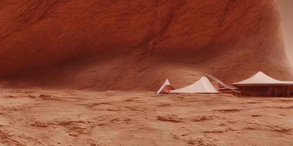 Prompt: “Hyper realistic,red wrapped organic architecture,tent architecture,mars,Future design,architecture design,foggy, environment,Cinematography,mega scans,sloped site,cinematic,hyper realistic,photo real,cinematic composition,highly detailed,vray,8k render”